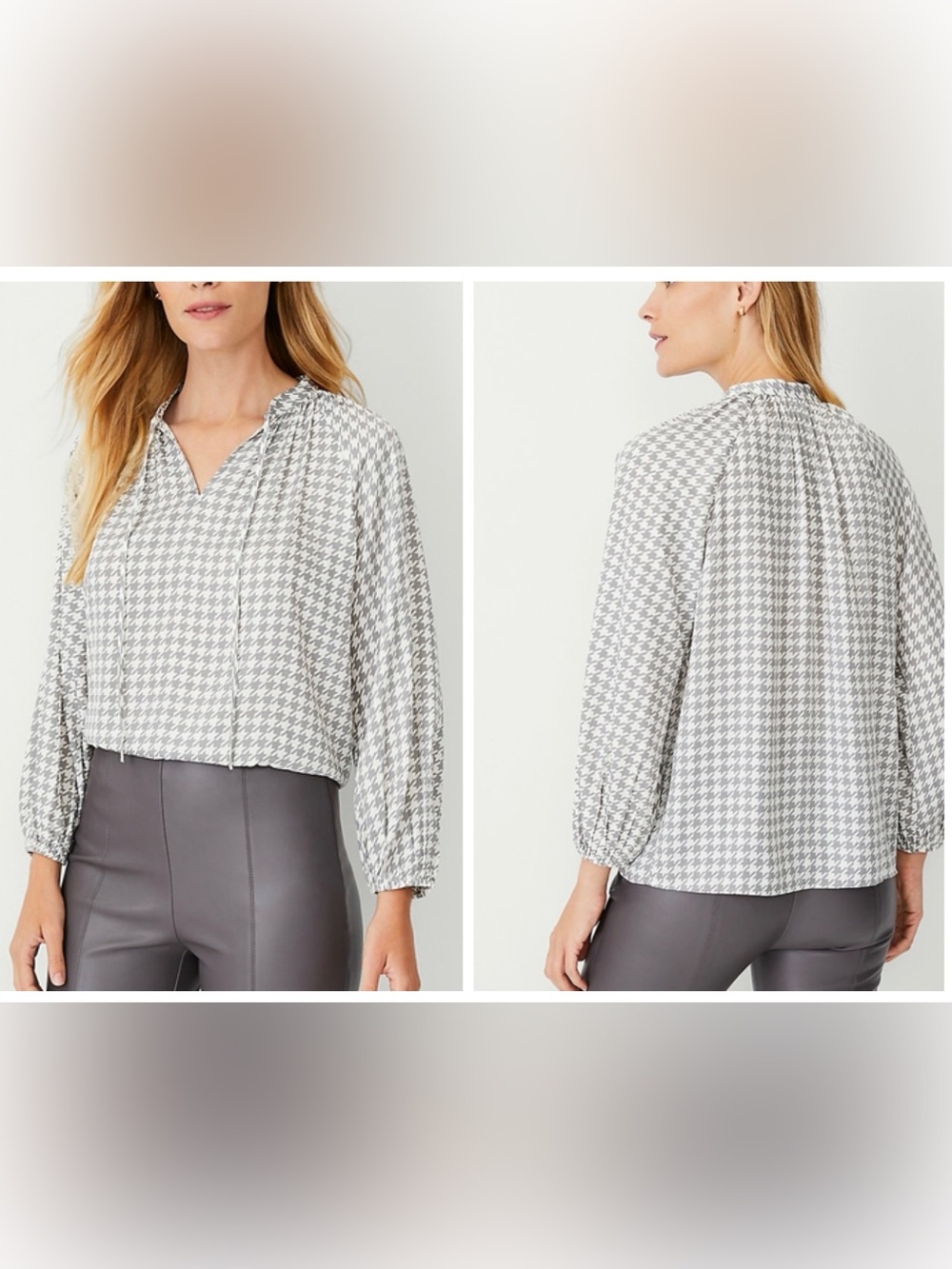 Ann Taylor Long Sleeve Tie-Neck Gray and White Houndstooth Blouse Size XL
